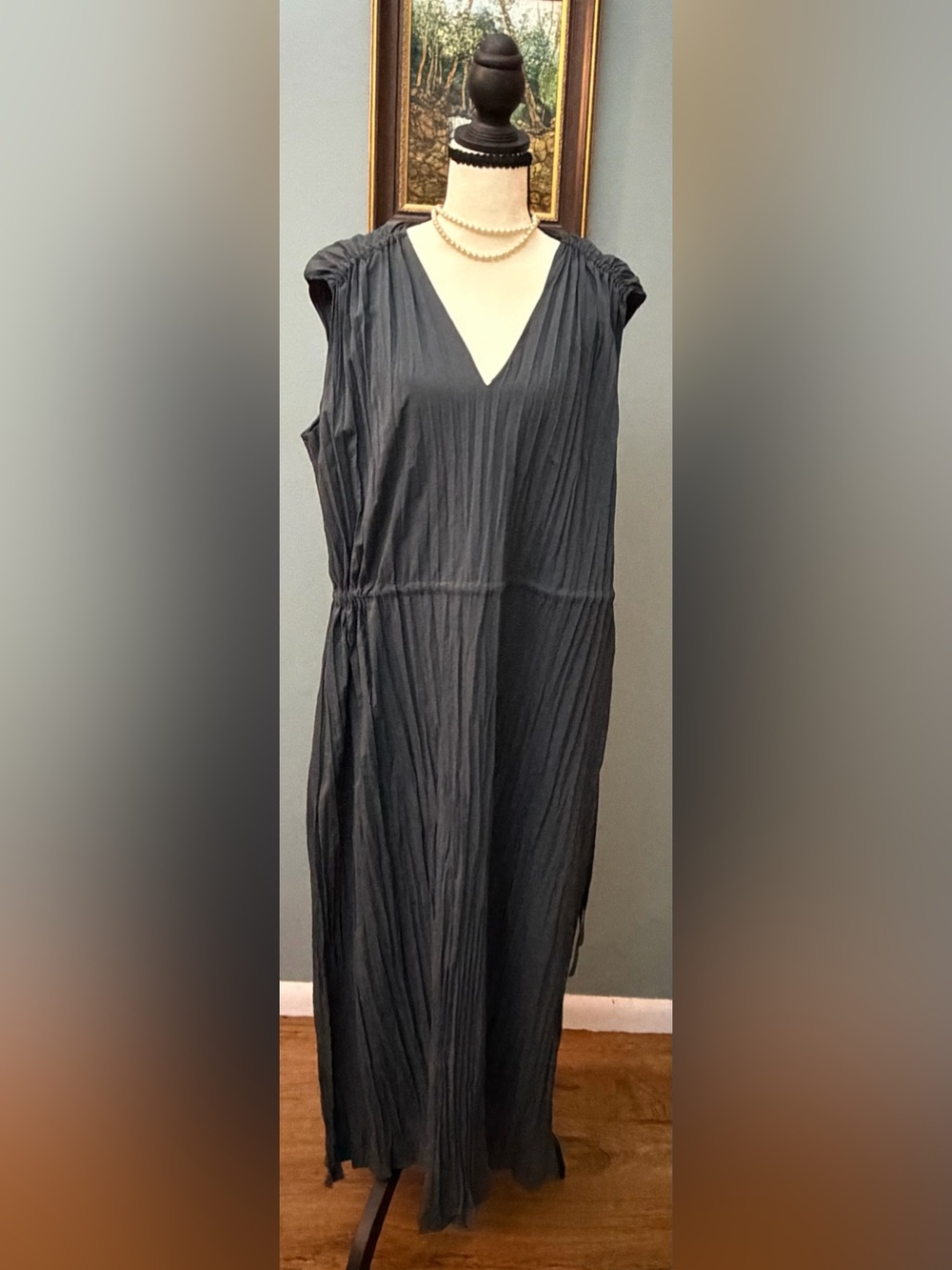 Vince Crinkle Pleat V-Neck Midi Dress Mineral Blue XL